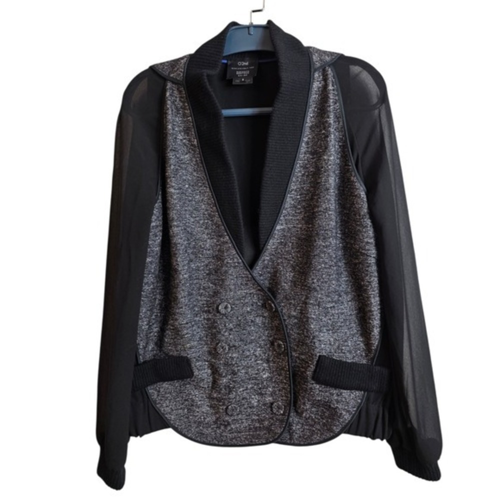 O'2nd Jacket Women 6 Black Gray Wool Blend Mixed Media Sheer Sleeve 2AM3WJ040 - Picture 3 of 16